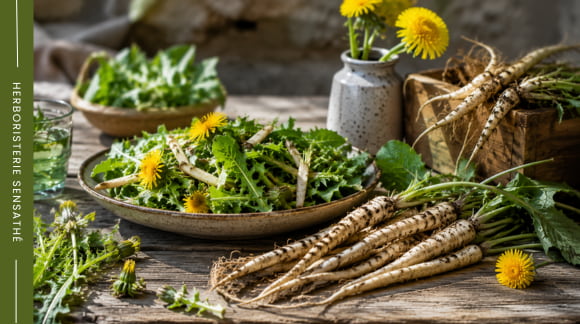 Plantes asteraceae, pissenlit en fleur et salsifis sauvages des prés - Herboristerie Sensathé
